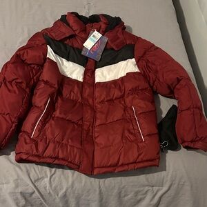 Red Puffer Jacket with Black and White Accents